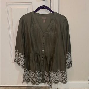 Chico's Green Pleated Mandarin Collar Blouse